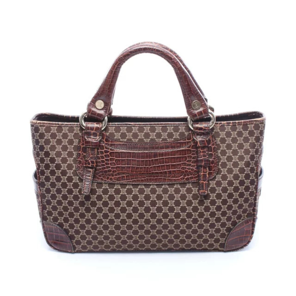 Celine Boogie Bag Macadam Crocodile Embossed Handbag Canvas Leather Brown Beige